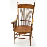 A VICTORIAN ASH SPINDLE BACK ARMCHAIR, LATE 19TH C, WITH BALL FINIALS AND DOWN SCROLLED ARMS, ELM