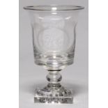 AN ENGLISH GLASS RUMMER, C1800, THE FLARED BUCKET SHAPED BOWL ENGRAVED WITH INITIALS T E C IN AN