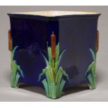 A MINTON MAJOLICA SQUARE JARDINIERE, 1866, MOULDED WITH BULLRUSHES TO THE CORNERS, THE INTERIOR