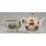 A WORCESTER GLOBULAR TEAPOT AND COVER AND SAUCEBOAT, C1765-80 BOTH WITH CLOBBERED DECORATION,