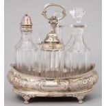 A GEORGE III SILVER CRUET FRAME, EMBOSSED WITH FLOWERS AND FOLIAGE, ON PAW FEET, 21CM H, MARK