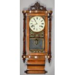 AN AMERICAN INLAID WALNUT WALL CLOCK, LATE 19TH C, WITH TURNED PILLARS, PENDULUM, 90CM H Restored