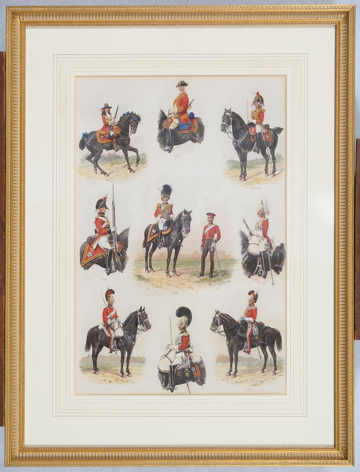 RICHARD SIMKIN (1850-1926) - UNIFORMS OF THE LIFE GUARDS 1660-1854, SIGNED, WATERCOLOUR, 45 X 30CM - Image 2 of 3