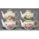 A SET OF FOUR STAFFORDSHIRE BONE CHINA ORNAMENTAL TEAPOTS AND THREE COVERS FOR COMPTON WOODHOUSE,