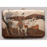 A JAPANESE MIXED METALS INLAID SILVER TRIPTYCH OPENING CIGARETTE CASE, C1925, 12CM L, ENGRAVED