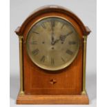 AN OAK, MAHOGANY AND INLAID BREAKARCHED  CLOCK, C1900, THE THREE TRAIN CHAINED FUSEE MOVEMENT