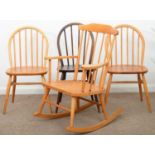 A MID CENTURY BEECH ROCKING CHAIR, SEAT HEIGHT 40CM, OVERALL WIDTH 59CM, A PAIR OF ASH DINING CHAIRS