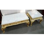 TWO MATCHING CREAM AND GILT PAINTED WOOD LOW TABLES WITH MARBLE SLAB, 20TH C, 44CM H; 112 X 59CM AND