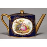 A CONTINENTAL OVAL PORCELAIN TEAPOT AND COVER, C1900, THE TEAPOT PAINTED TO EITHER SIDE WITH 18TH