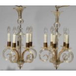 A PAIR OF GLASS CHANDELIERS, THIRD QUARTER 20TH C, OF FIVE LIGHTS ON SCROLL BRANCHES, 57CM H