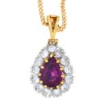 A PEAR SHAPED RUBY AND DIAMOND CLUSTER PENDANT, IN 18CT GOLD, 21MM INCLUDING LOOP, LONDON 1979 AND A