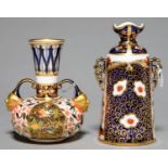 TWO CROWN DERBY WITCHES AND JAPAN PATTERN VASES, C1880, WITH RETICULATED OR MASK HANDLES, 11.5 AND