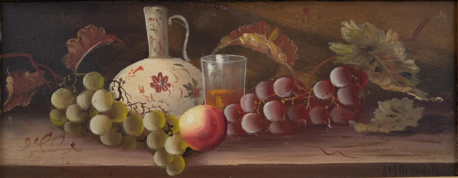 J M ARCHDALE, LATE 19TH C - STILL LIFE WITH FRUIT AND A GLASS, SIGNED, OIL ON BOARD, 19 X 48.5CM