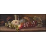 J M ARCHDALE, LATE 19TH C - STILL LIFE WITH FRUIT AND A GLASS, SIGNED, OIL ON BOARD, 19 X 48.5CM