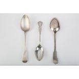 AN EDWARDIAN SILVER DESSERT SPOON, RICH BEAD PATTERN, BY JOHN ROUND & SON, SHEFFIELD 1907 AND TWO