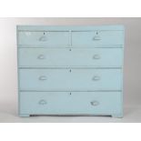 A VICTORIAN CHEST OF TWO SHORT AND THREE LONG GRADUATED DRAWERS, LATER PALE BLUE PAINTED WITH