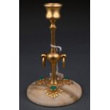 A VICTORIAN MALACHITE SET GILT BRASS CANDLESTICK, C1870, THE KNOPPED STEM WITH TWO LOOSE RINGS