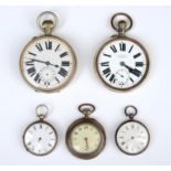 TWO SILVER CYLINDER WATCHES, LATE 19TH C AND THREE VARIOUS OTHER WATCHES One of the small silver