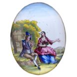 AN ENGLISH ENAMEL PLAQUE, PROBABLY BIRMINGHAM, C1770, SLIGHTLY CONVEX, PRINTED AND PAINTED WITH A