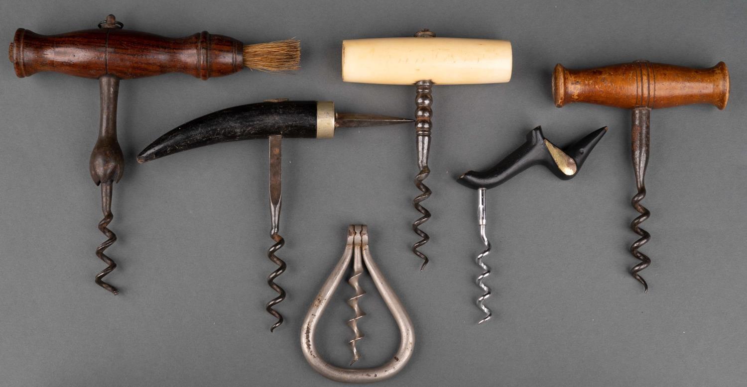 A VICTORIAN STRAIGHT PULL CORKSCREW, WITH CORK GRIP SHANK AND ROSEWOOD ACORN HANDLE, WIRE WORM,