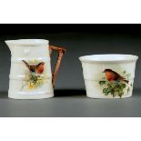 A ROYAL WORCESTER BARREL SHAPED CREAM JUG AND SUGAR BOWL, 1929, PAINTED BY W POWELL, BOTH SIGNED,