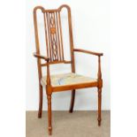 AN EDWARDIAN FADED MAHOGANY AND LINE INLAID OPEN ARMCHAIR, C1910, WITH PADDED SEAT Back damaged