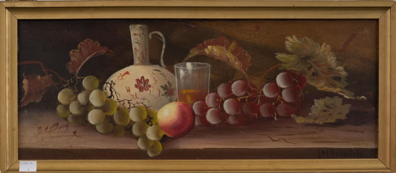 J M ARCHDALE, LATE 19TH C - STILL LIFE WITH FRUIT AND A GLASS, SIGNED, OIL ON BOARD, 19 X 48.5CM - Bild 2 aus 3