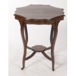 A VICTORIAN SHAPED OCTAGONAL TWO TIER OCCASIONAL TABLE, C1895, THE FIGURED ROSEWOOD TOP WITH BONE