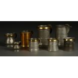 SIX VICTORIAN PEWTER MEASURES WITH BRASS RIM, MID 19TH C, 15CM H AND SMALLER, ANOTHER, ENGRAVED G