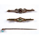A GOLD STICKPIN WITH OPAL TERMINAL AND TWO GEM SET GOLD BAR BROOCHES, ALL C1900, ONE MARKED 9CT,