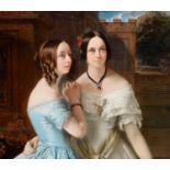ENGLISH SCHOOL, EARLY 19TH C - A PORTRAIT MINIATURE OF TWO YOUNG WOMEN STANDING BEFORE STEPS AND