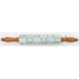 KITCHENALIA. A GRIMWADES GREEN PRINTED EARTHENWARE PROMOTIONAL ROLLING PIN, EARLY 20TH C,