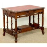 A CONTINENTAL CARVED WALNUT WRITING TABLE, LATE 19TH C, WITH RECTANGULAR RED FABRIC INSET TOP ON