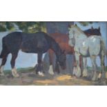WINIFRED WILSON (1882-1973) - THREE HORSES IN THE SHADE OF A TREE, SIGNED, OIL ON CANVAS BOARD, 16 X