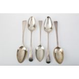 FOUR GEORGE III SILVER TABLESPOONS, OLD ENGLISH PATTERN, ONE CRESTED, ALL LONDON, BY VARIOUS MAKERS,