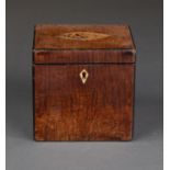 A GEORGE III MAHOGANY TEA CADDY, C1800, WITH HAREWOOD GROUND SHELL PATERA TO THE LID, 11CM H Typical