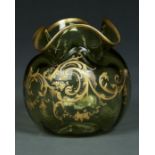 A CONTINENTAL GREEN GLASS VASE, C1900, WITH RAISED GILT SCROLLING FOLIAGE, 18.5CM H Good condition