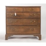 A GEORGE III OAK CHEST OF DRAWERS, C1800, FITTED TWO SHORT AND THREE GRADUATED COCKBEADED DRAWERS,