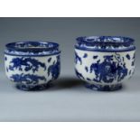 TWO GRADUATED ROYAL DOULTON BLUE PRINTED EARTHENWARE OYAMA PATTERN JARDINIERES, EARLY 20TH C, 16 AND