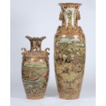 A  LARGE PAIR OF REPRODUCTION SATSUMA STYLE TWO HANDLED MOONFLASK  VASES, WITH CYLINDRICAL NECKS