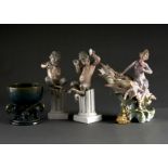 A PAIR OF SPANISH PORCELAIN FIGURES OF FAWNS SEATED ON COLUMNS, A CONTINENTAL PORCELAIN FIGURE OF