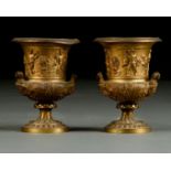 A PAIR OF FRENCH MINIATURE GILT BRASS CAMPANA VASES, LATE 19TH C, CAST WITH THE CHILDREN OF BACCHUS,