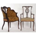 A MAHOGANY ELBOW CHAIR IN CHIPPENDALE STYLE, C1890, THE PIERCED BACK WITH SCROLL CARVED TOP RAIL AND