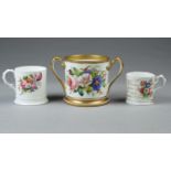 A STAFFORDSHIRE BONE CHINA LOVING CUP,  DATED 1879, PAINTED WITH A ROSE AND MORNING GLORY AND TO THE
