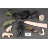 A SMALL COLLECTION OF INUIT SCULPTURE, MID 20TH C COMPRISING A SERPENTINE WALRUS AND SIX OTHER