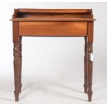 A VICTORIAN MAHOGANY WASHSTAND, WITH THREE QUARTER GALLERY, FITTED SINGLE DRAWER, ON TURNED LEGS,