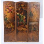 A THREE FOLD PAINTED LEATHER SCREEN, LATE 19TH / EARLY 20TH C, THE THREE ARCHED PANELS CENTRED ON