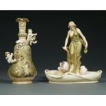 AN ART NOUVEAU  ROYAL DUX PORCELAIN FIGURE  OF A MAIDEN, EARLY 20TH C, GAZING INTO A LILY POND, 33CM