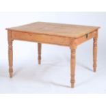 A VICTORIAN PINE KITCHEN TABLE WITH ROUNDED RECTANGULAR TOP, FITTED SINGLE FRIEZE DRAWER ON TURNED