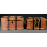 TWO SIMILAR GRADUATED SWEDISH IRON BOUND PINE FOOD BOXES, ONE WITH SCUMBLED DECORATION, BOTH 19TH C,